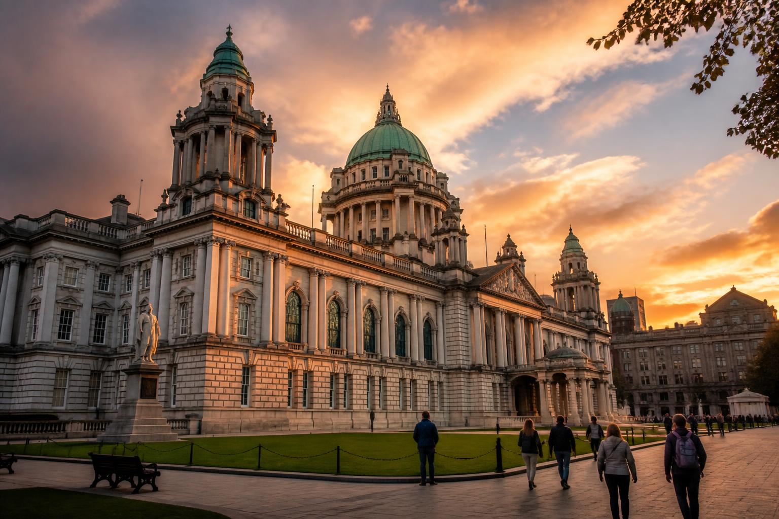 Belfast City Hall ao pôr do sol, com turistas passeando pela praça