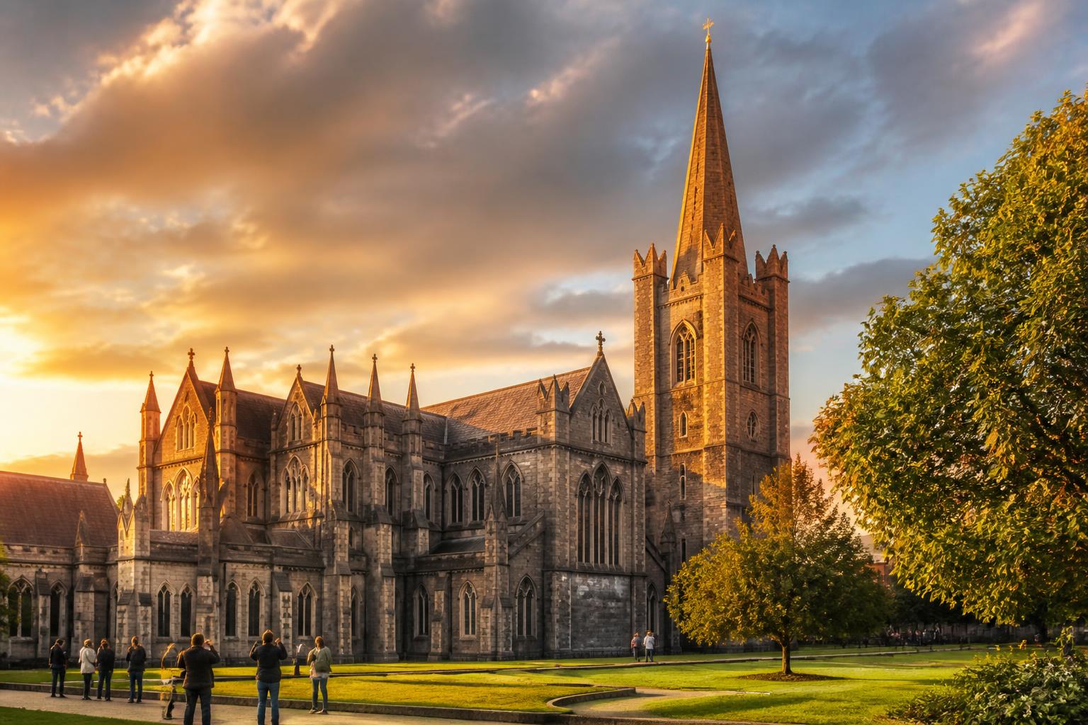 Catedral de São Patrício em Dublin, ao pôr do sol, com turistas no jardim