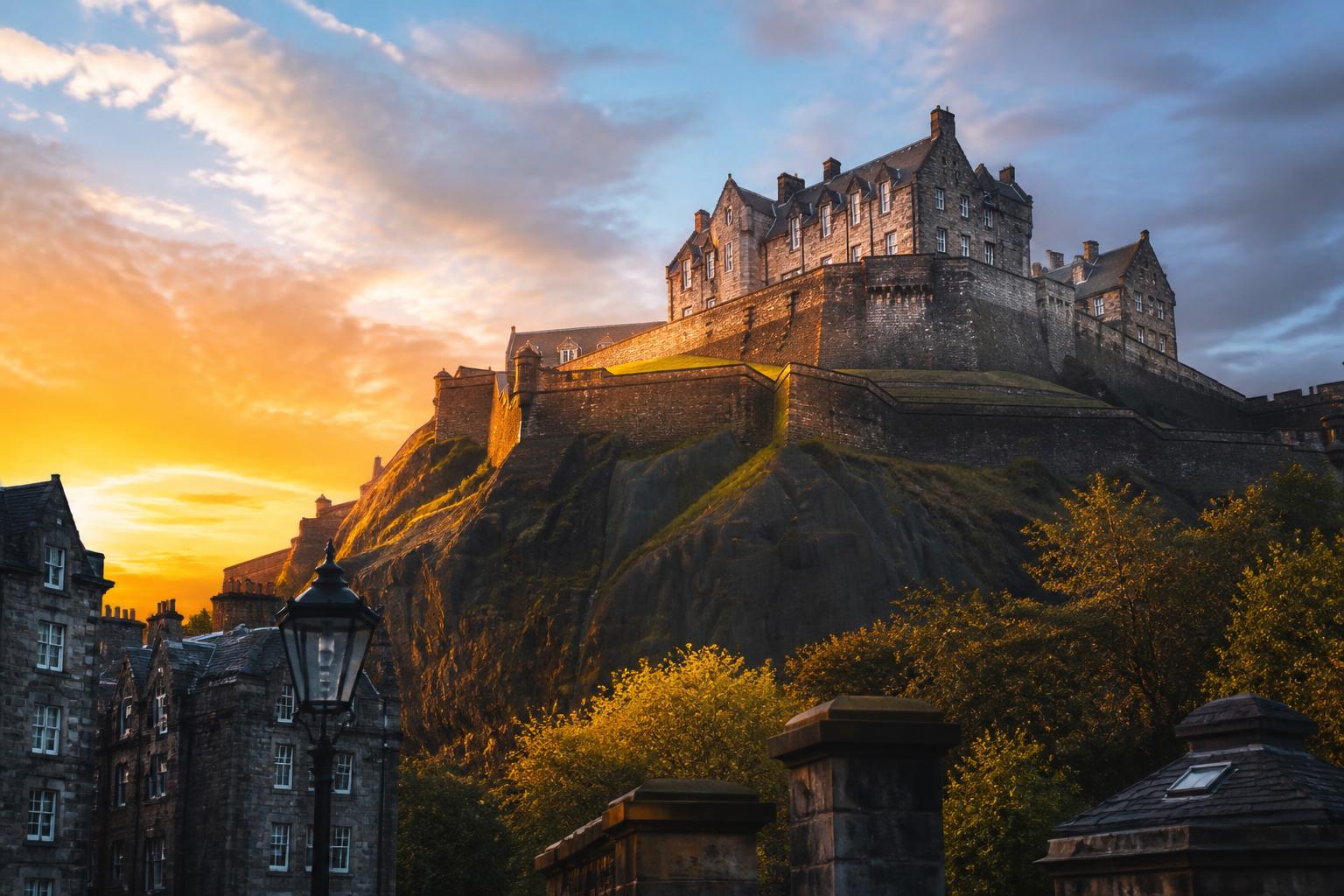 Castelo de Edimburgo iluminado pelo pôr do sol