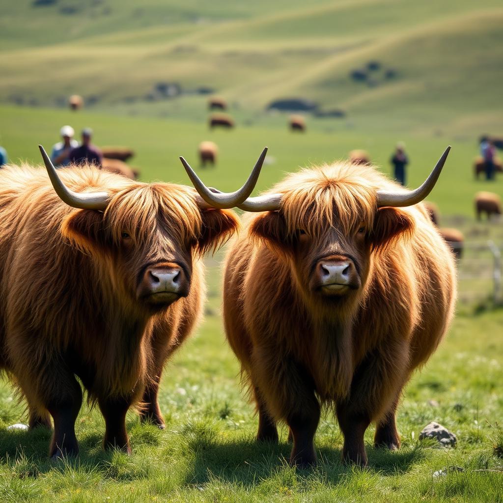 Vacas escocesas Highland cows de pelagem ruiva e longos chifres em pastagem verde na Escócia