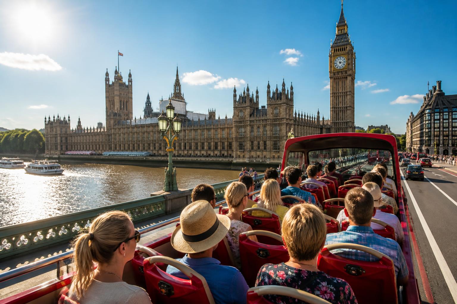 City tour de ônibus aberto em Londres em um dia ensolarado, com Big Ben ao fundo