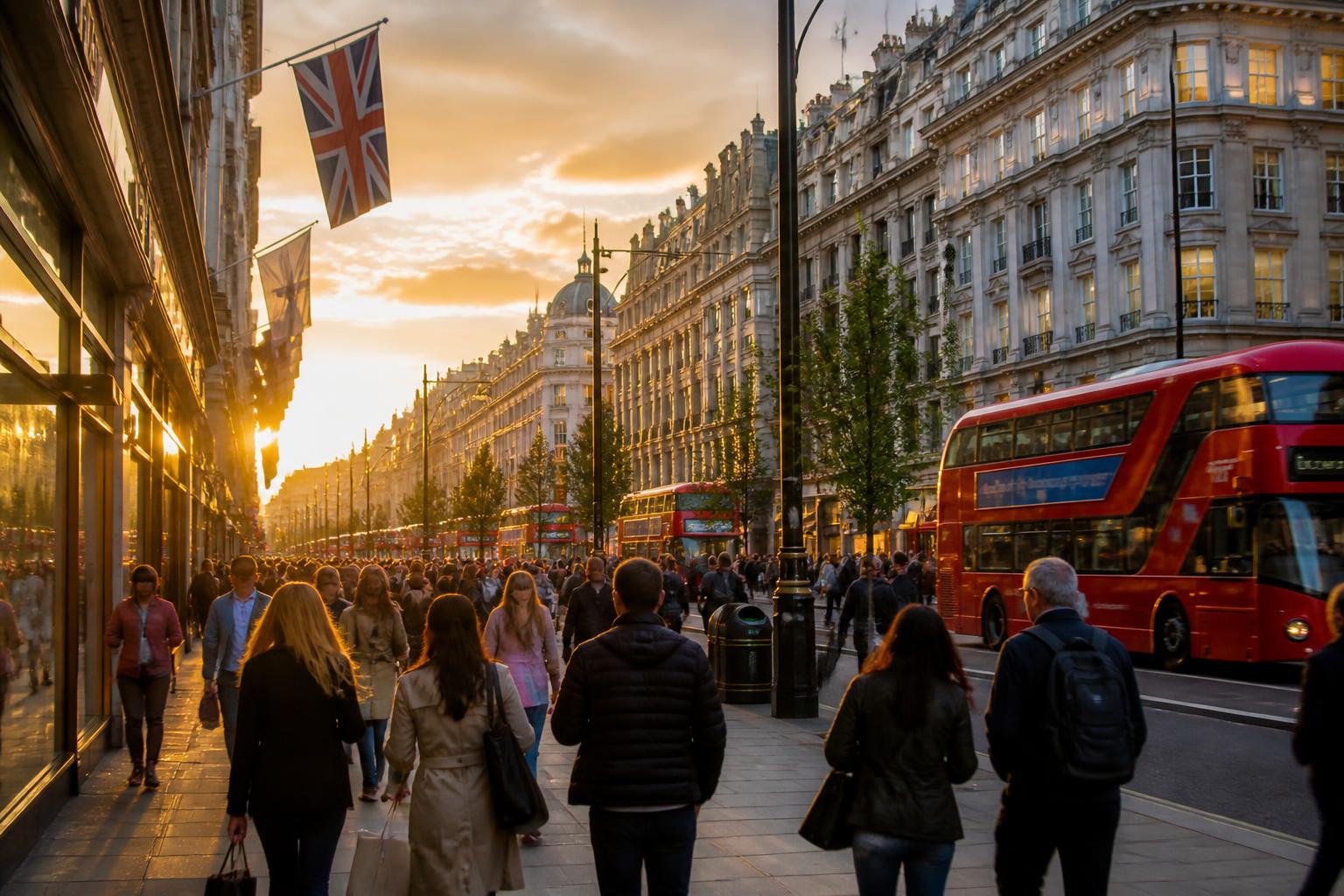 Oxford Street em Londres ao pôr do sol, com turistas, lojas e ônibus vermelhos