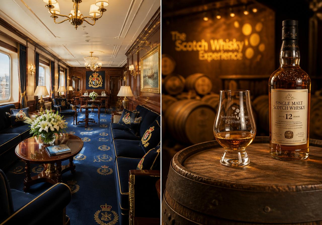 Foto dividida: interior elegante do Royal Yacht Britannia à esquerda e degustação de whisky escocês em uma destilaria à direita