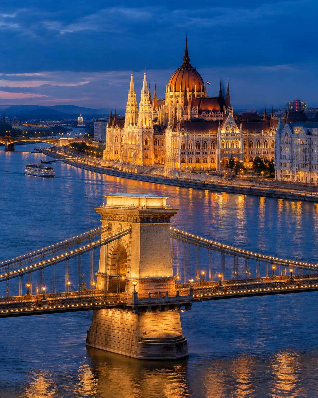 Parlamento da Hungria e a Ponte das Correntes, em Budapeste